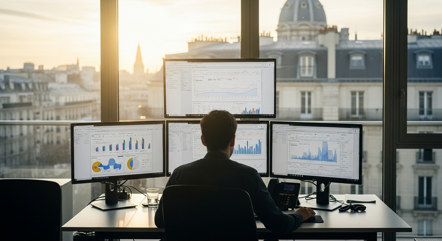 Bureau consultant Google Ads Paris avec écrans d'analyse de campagnes